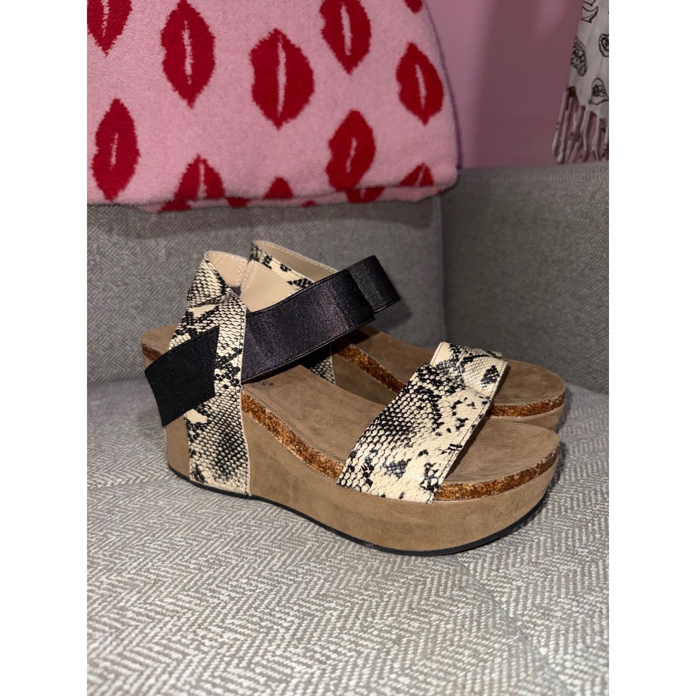 Pierre Dumas‎ Womens Snakeskin Print Platform Wedge Sandals Tan Black Size 10